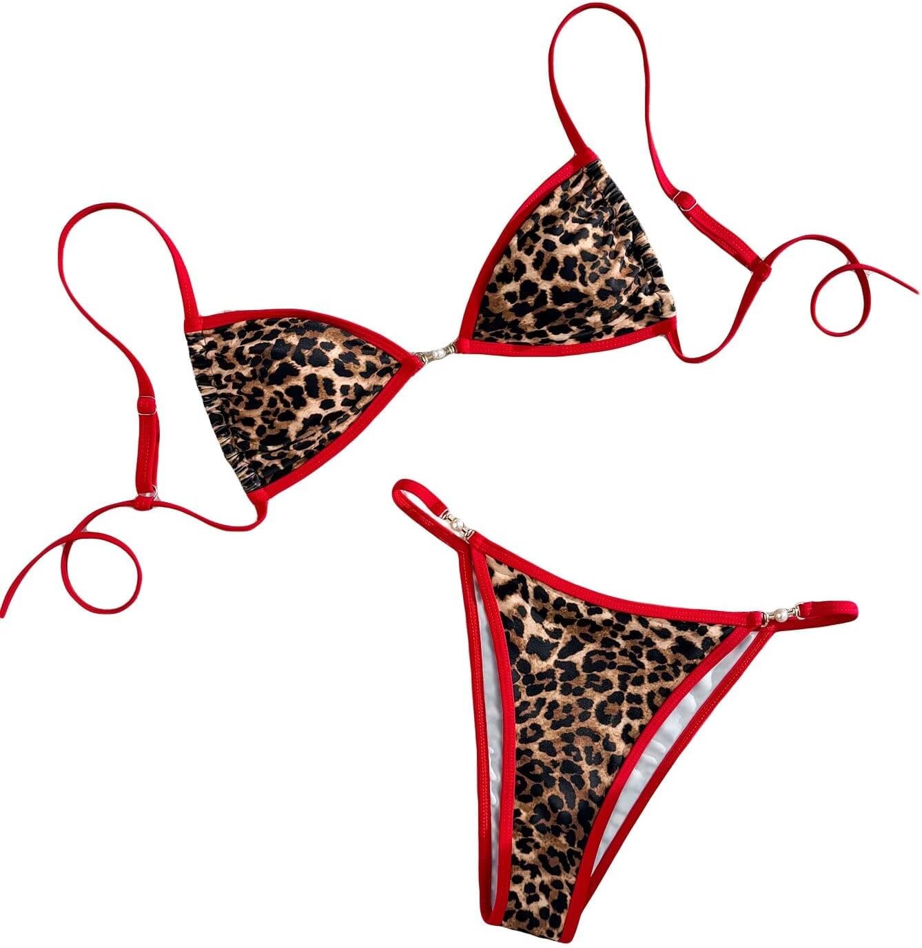 Women's Leopard Print Bathing Suit High Waisted Halter Bow Swimsuit Bikini Set
