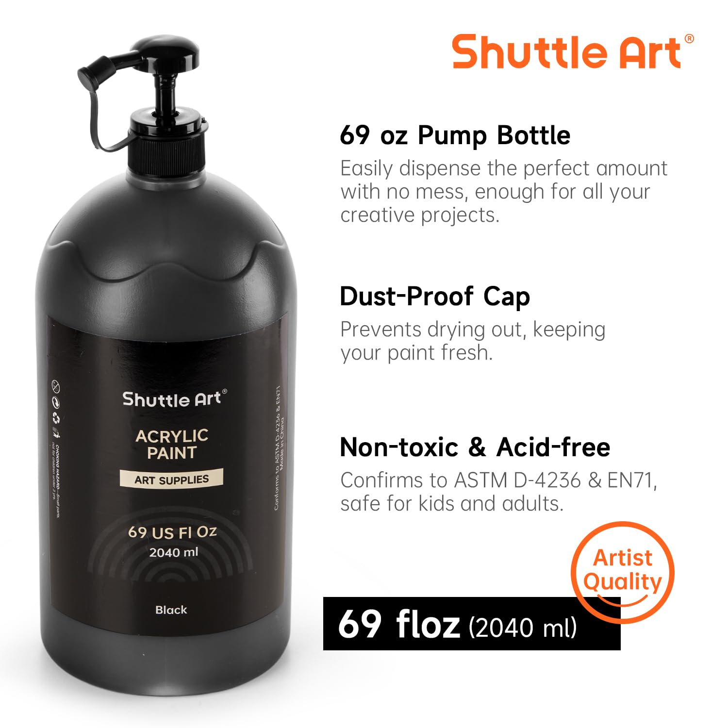 Shuttle Art Acrylfarbe Weiß und Schwarz 2×2040ml, schwarze & weiße Acrylfarben Set in Pumpflasche mit Deckel, wasserfeste Acryl Farben Set, Acrylic Paint für Künstler, Anfänger auf Leinwand, Holzfarbe
