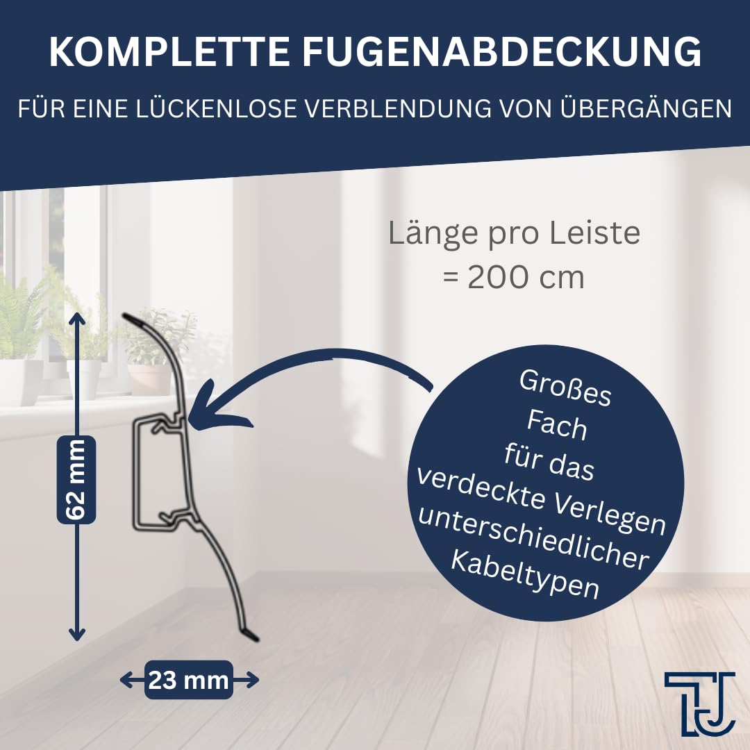 TJ Sockelleisten mit Kabelkanal [White | Länge 20 m] PVC Fußleisten Bodenleisten aus robustem Kunststoff in Holzdesign | mit Weichlippen | einfache Montage