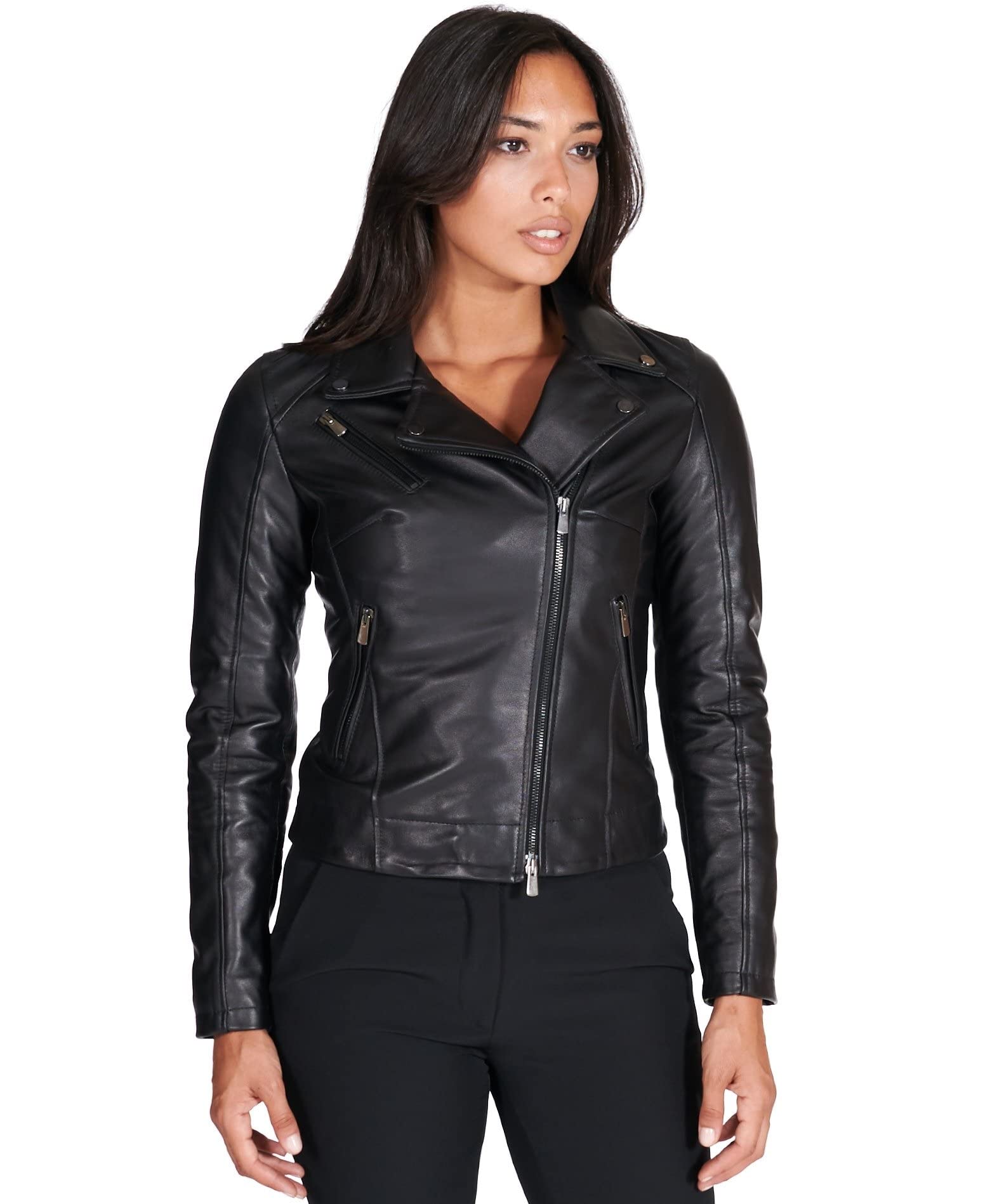 Giacca Chiodo In Vera Pelle Donna D'Arienzo – Modello Flores, Nera, Pelle Di Agnello, Taglie Forti | Made In Italy