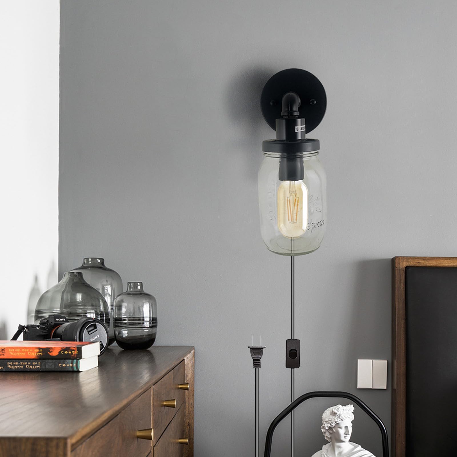 Vintage E27 Innen Wandlampe mit Stecker und Schalter Wandleuchte mit Kabel Steckdose Wandbeleuchtung Industrial Retro Wandleuchten Eisen Glas für Wohnzimmer Schlafzimmer Loft (2 Stück)