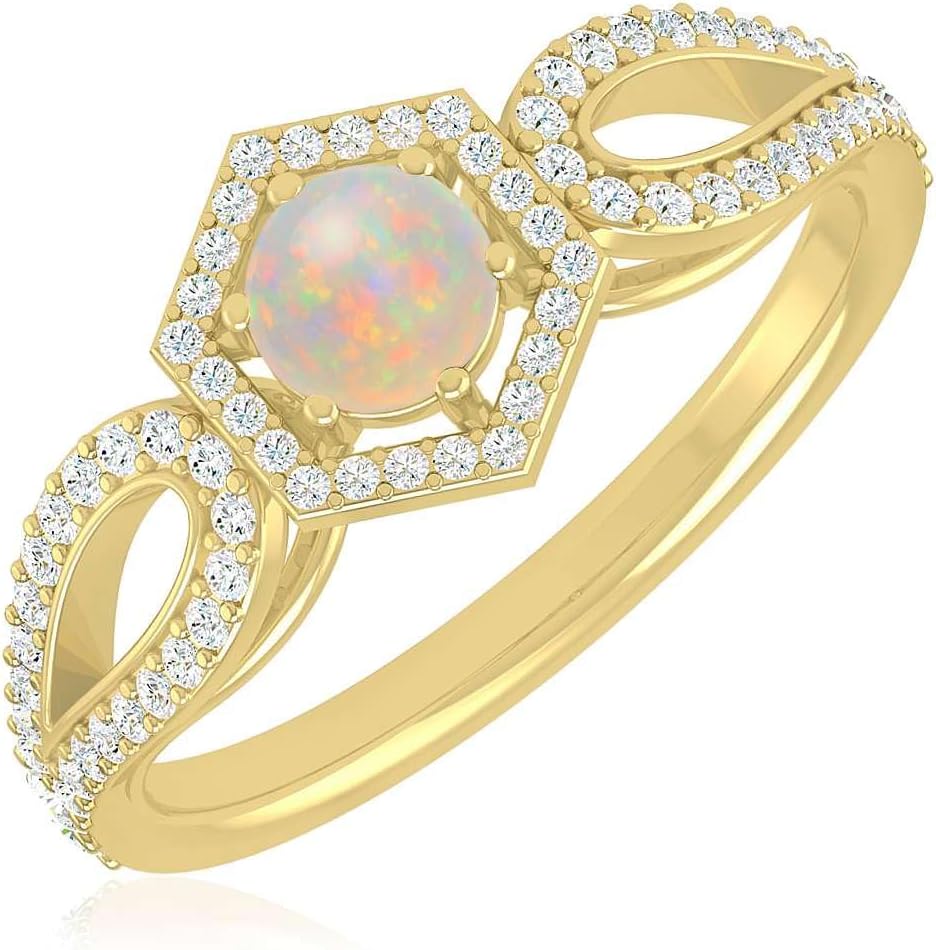 Natural Opal Hexagon Halo Ring for Women in 14K Gold or 925 Sterling Silver | Round White Gemstone with Diamond Infinity Shank | Unique October Birthstone Ring | Fine Jewelry Gift