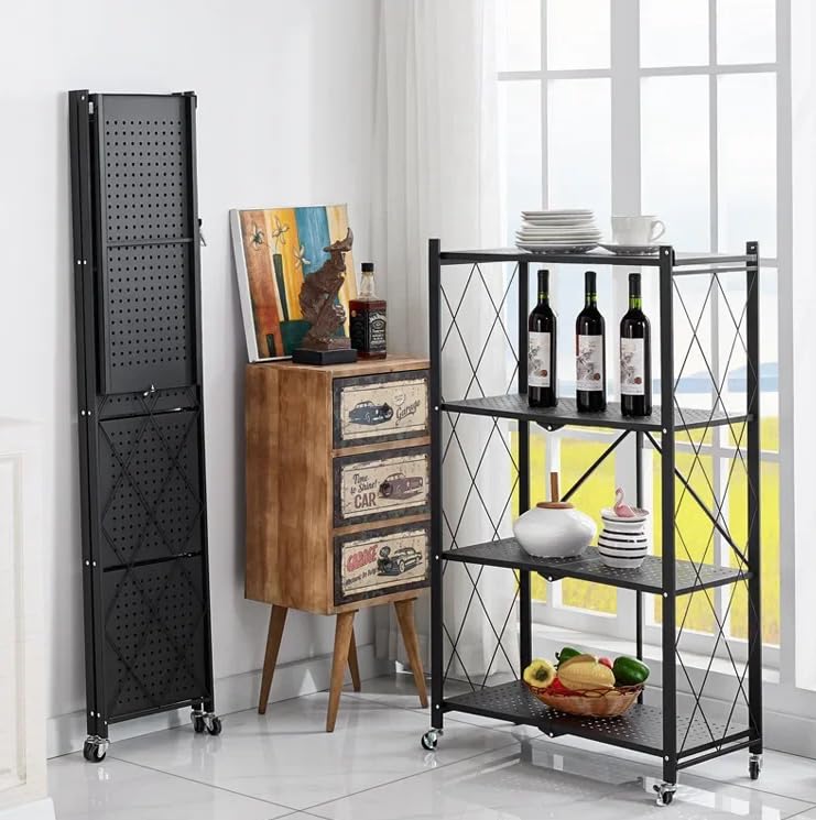 Deconation Bibliothèque Métallique Pliable 4 Niveaux à roulettes - Noir Rangement Pratique 71,5 X 30,5 X H 127 Cm
