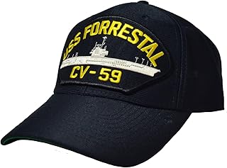 Artisan Owl USS Forrestal CV-59 Aircraft Carrier Patch Hat – Adjustable Embroidered Baseball Cap for Military Veterans, US Navy Ship Emblem, Comfortable Fit (Navy Blue)