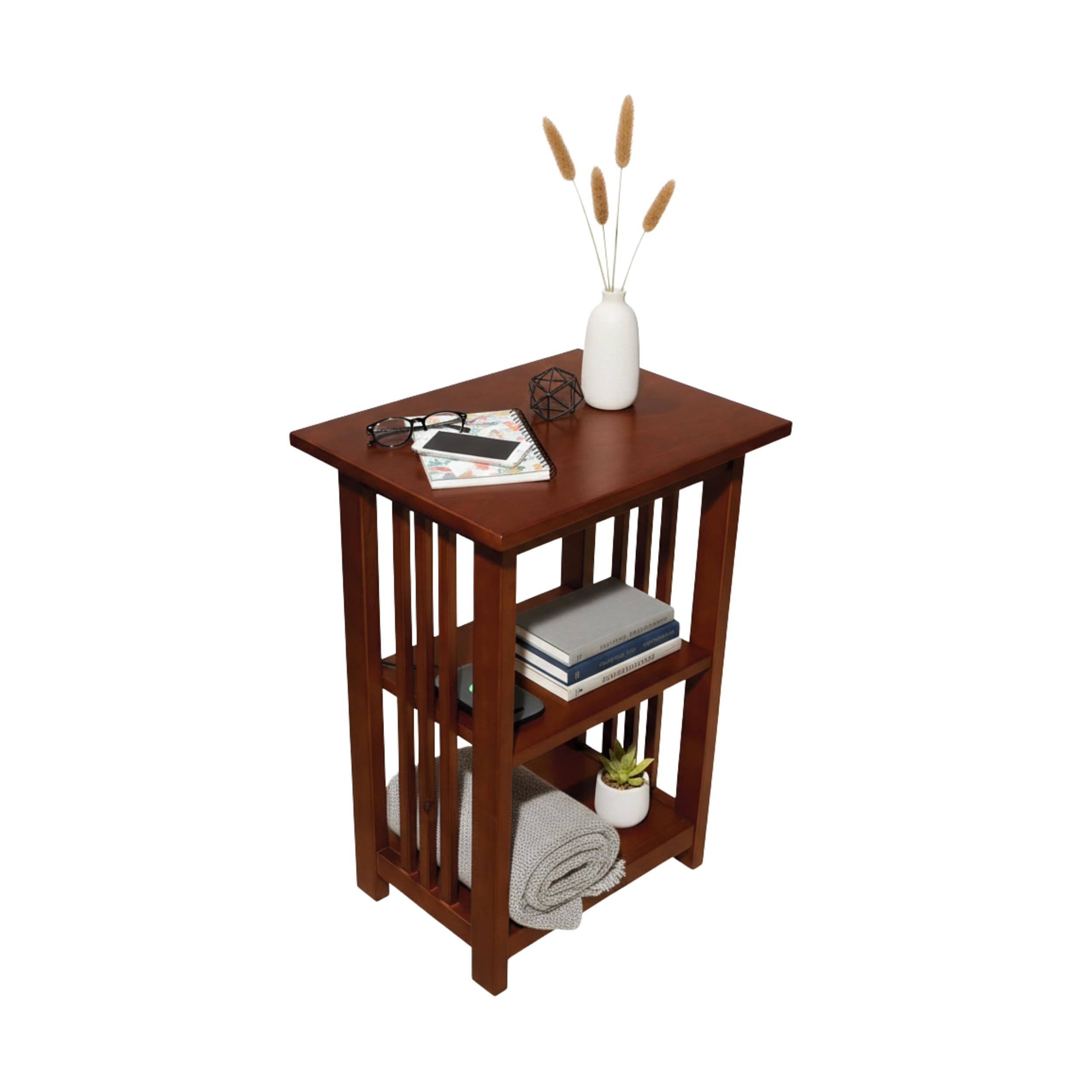 Mission 2-Tier End Table with Vertical Slat Side Panels – Craftsman Style Wood Side Table with Open Storage for Living Room, Bedroom, or Cozy Reading Nook by Alaterre Furniture (Cherry)