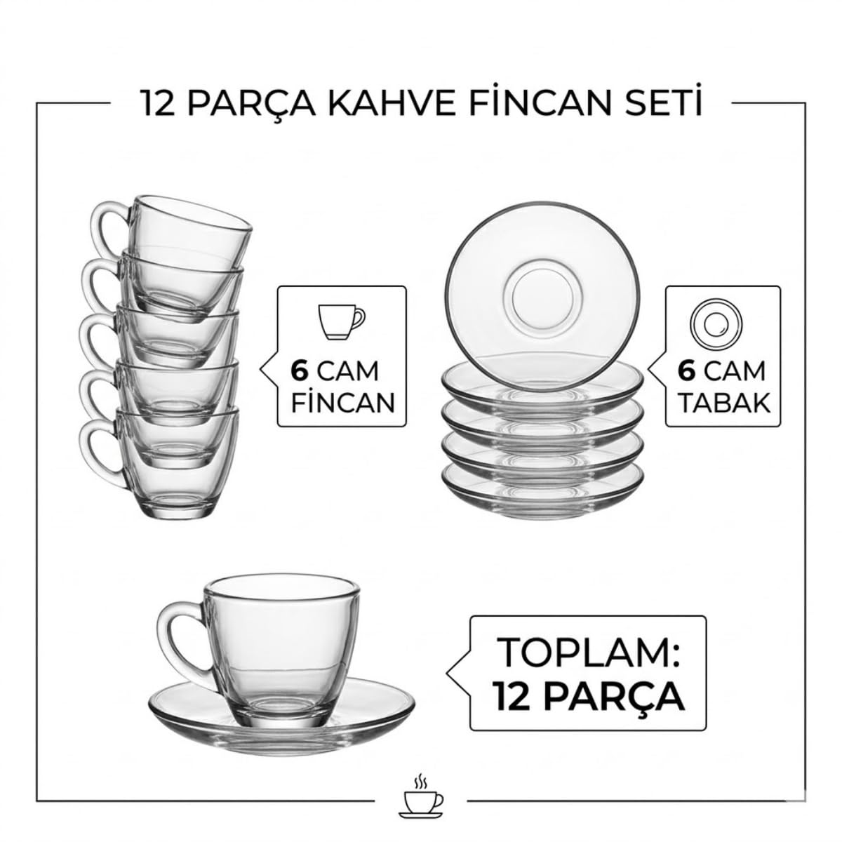 6 Kişilik Şeffaf Cam Kahve Fincan Takımı - 12 Parça Modern Espresso ve Türk Kahvesi Seti - Isıya Dayanıklı Cam Fincan ve Tabak Seti