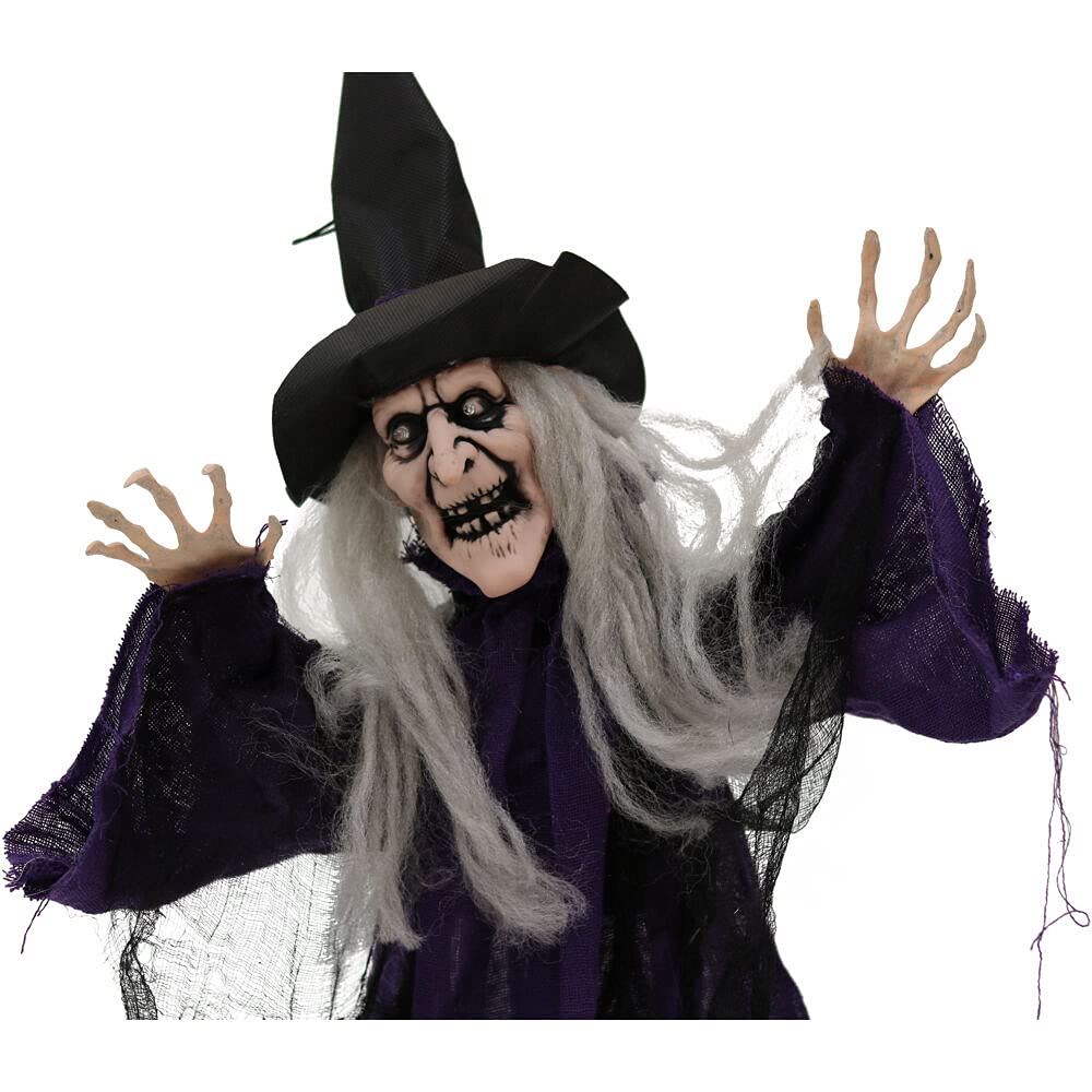 Haunted Hill Farm 2.5 ft. Standing Witch Decoration | Glowing Red LED Eyes | Touch Activated Movement and Sounds | Speaks 5 Phrases | Halloween Haunted House Props | Battery-Operated | HHMNWTC-1FLSA