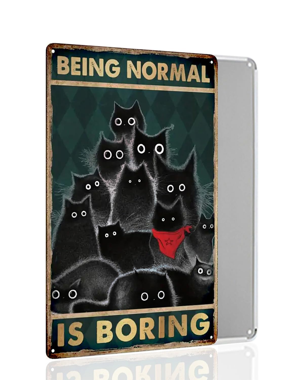 Pautdeer Vintage Black Cat Sign, BEING NORMAL IS BORING Funny Cats Wall Decor for Bedroom/Kitchen/Bathroom/Cafe/Bar, Retro Metal Sign Home Decor For