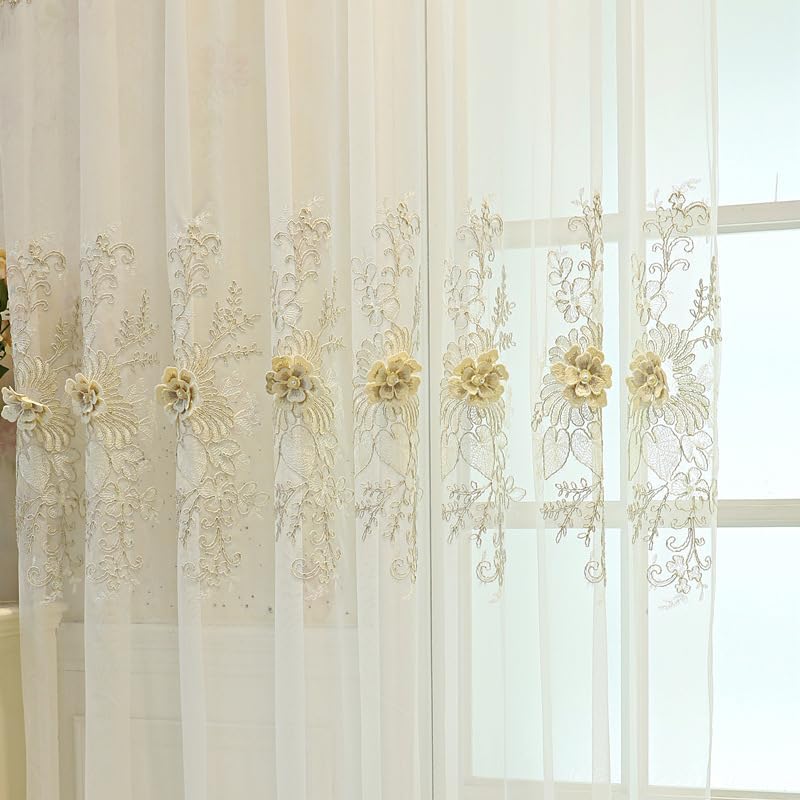 Miniatura 4 de Cortina transparente bordada de lujo de estilo europeo con cenefa para sala de estar, ojales en la parte superior, 1 panel, elegantes cortinas