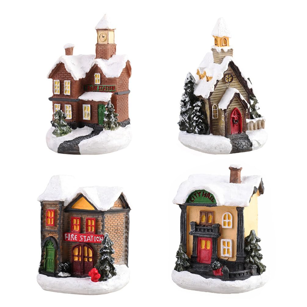 Uonlytech 4 piezas Navidad casa luminosa led pueblo bricolaje cabaña de resina modelo colgante adornos para árbol de Navidad decoración de mesa del hogar