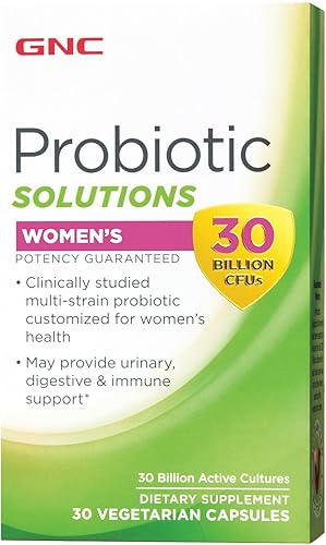 GNC Probiotic Solutions para mujer con 30 mil millones de UFC Multicepa clínicamente estudiada para mujeres apoya la salud digestiva e inmunológica