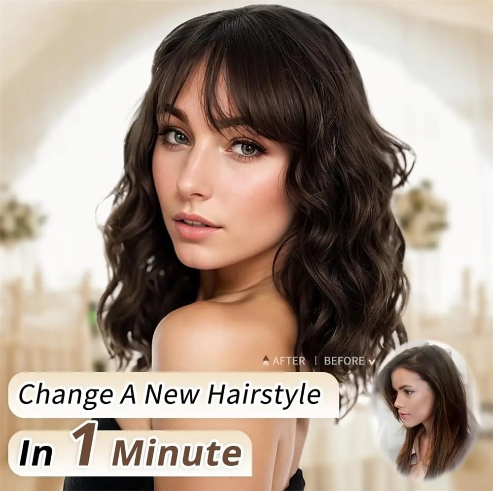 Parrucca Corta Ondulata Castana Naturale Con Frangia, Lunghezza Spalle Da Donna, Capelli Sintetici Ricci E Resistenti Al Calore, For L'uso Quotidiano Alle Feste per Donne Affascinanti