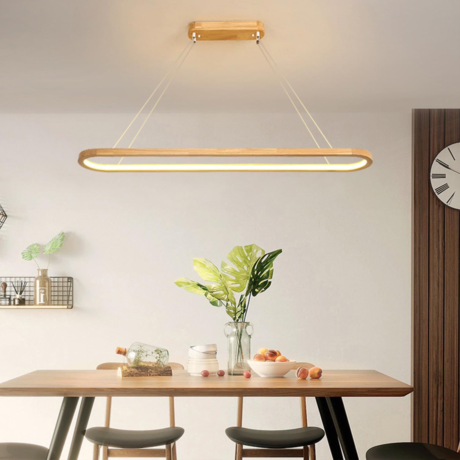 Modern LED pendant lamp dining room wood dimmable pendant lamp dining table with remote control wood pendant lamp dining room lamp hanging office living room kitchen ceiling lamp (wood, 70cm)