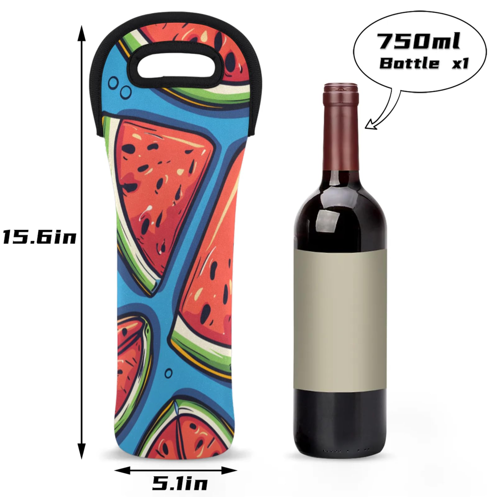 Neoprene Wine Tote Carrier Bag for Wine,Water, Champagne, Beer, Baby Bottles 15.6 x 5.1 Inches, Protective Wine Bag,Watermelon