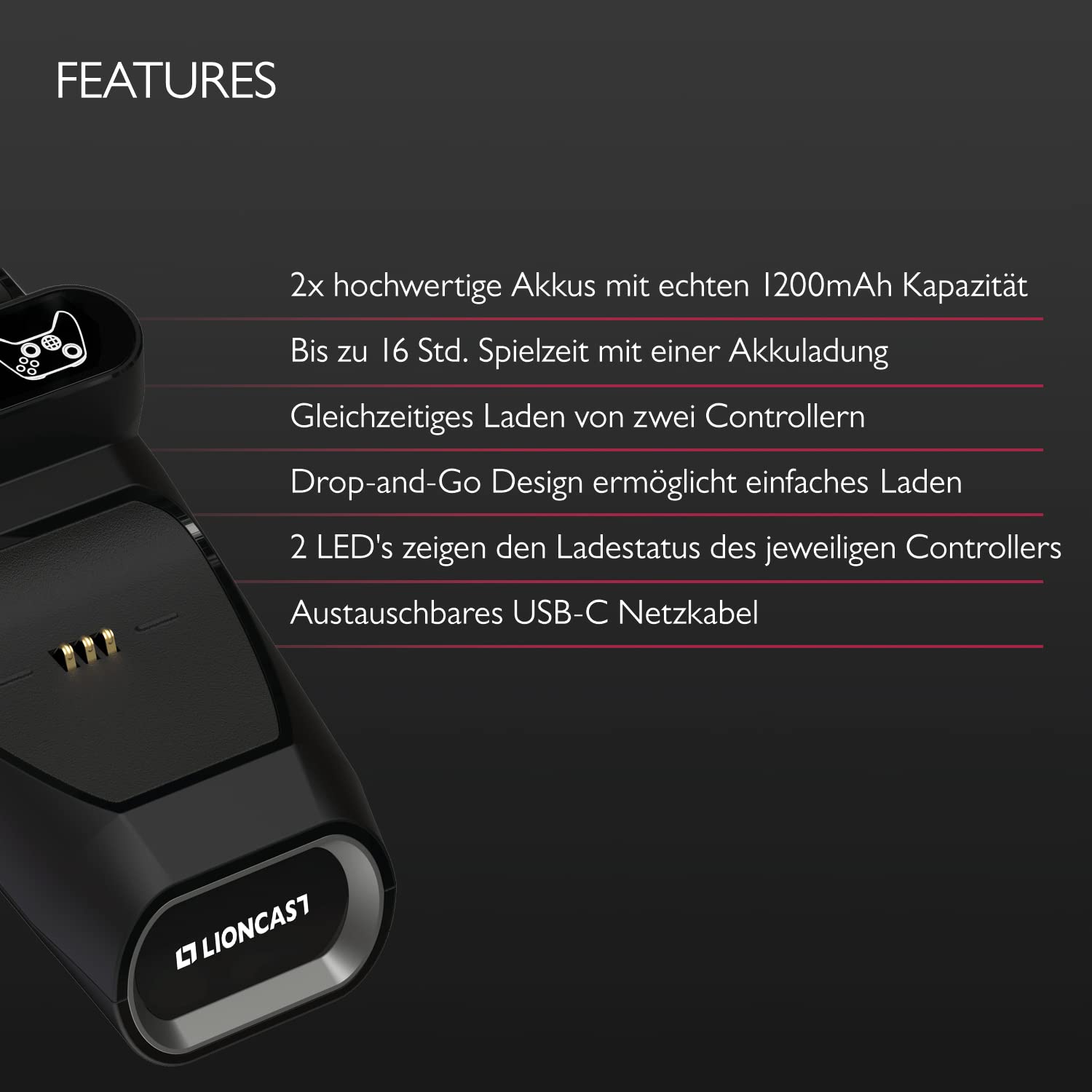 Lioncast Estación de carga para controlador Xbox con batería recargable (1200 mAh) para One/Series X/S, estación de acoplamiento con indicador LED