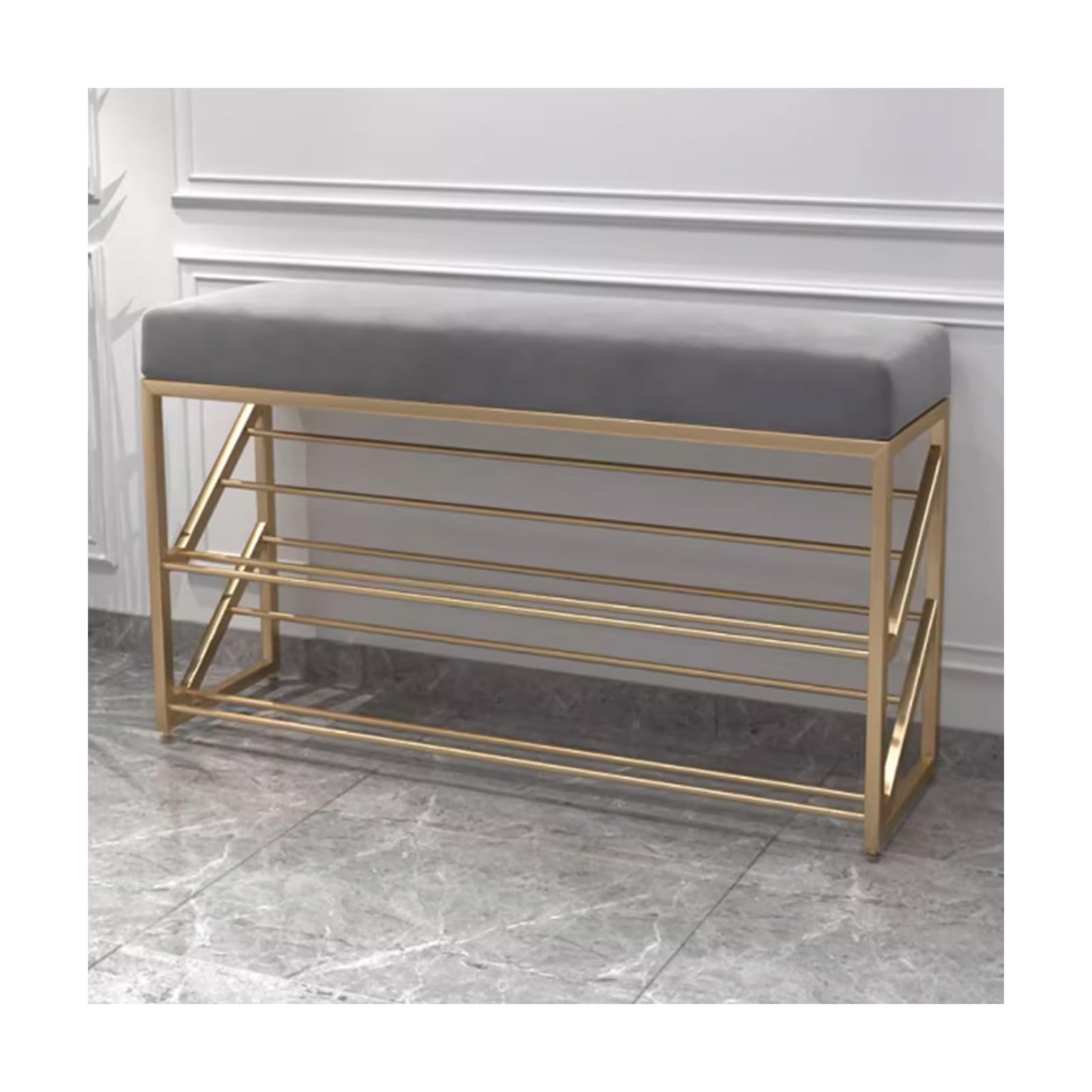 Narrow Hallway Shoe Rack Bench for Entryway Small Space Storage, Ottoman with Velvet Padded Seat, Metal Storage Shelf