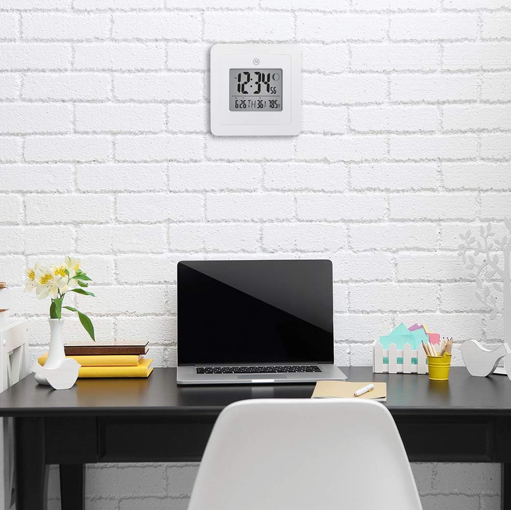Marathon CL030049WH Digital Wall Clock with Alarm, Temperature, Date & Moon Phase. White - Batteries Included