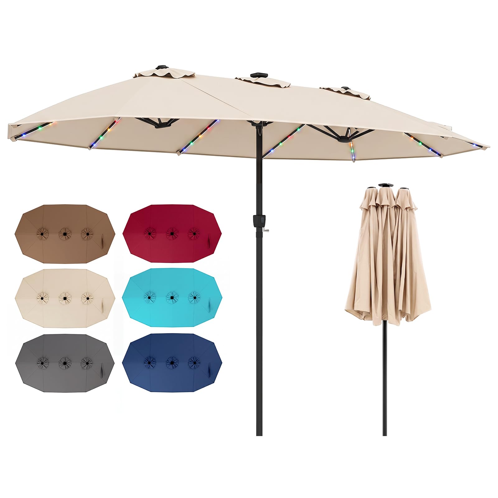 COSTWAY 3.8m/4.5m Double-Sided Parasol, 12 Heavy-Duty Ribs Extra Large Sun Umbrella with Lights & Crank Handle, Outdoor Twin Market Sunshade Shelter Canopy (Beige, 144 Lights, 436 x 258 x 254cm)