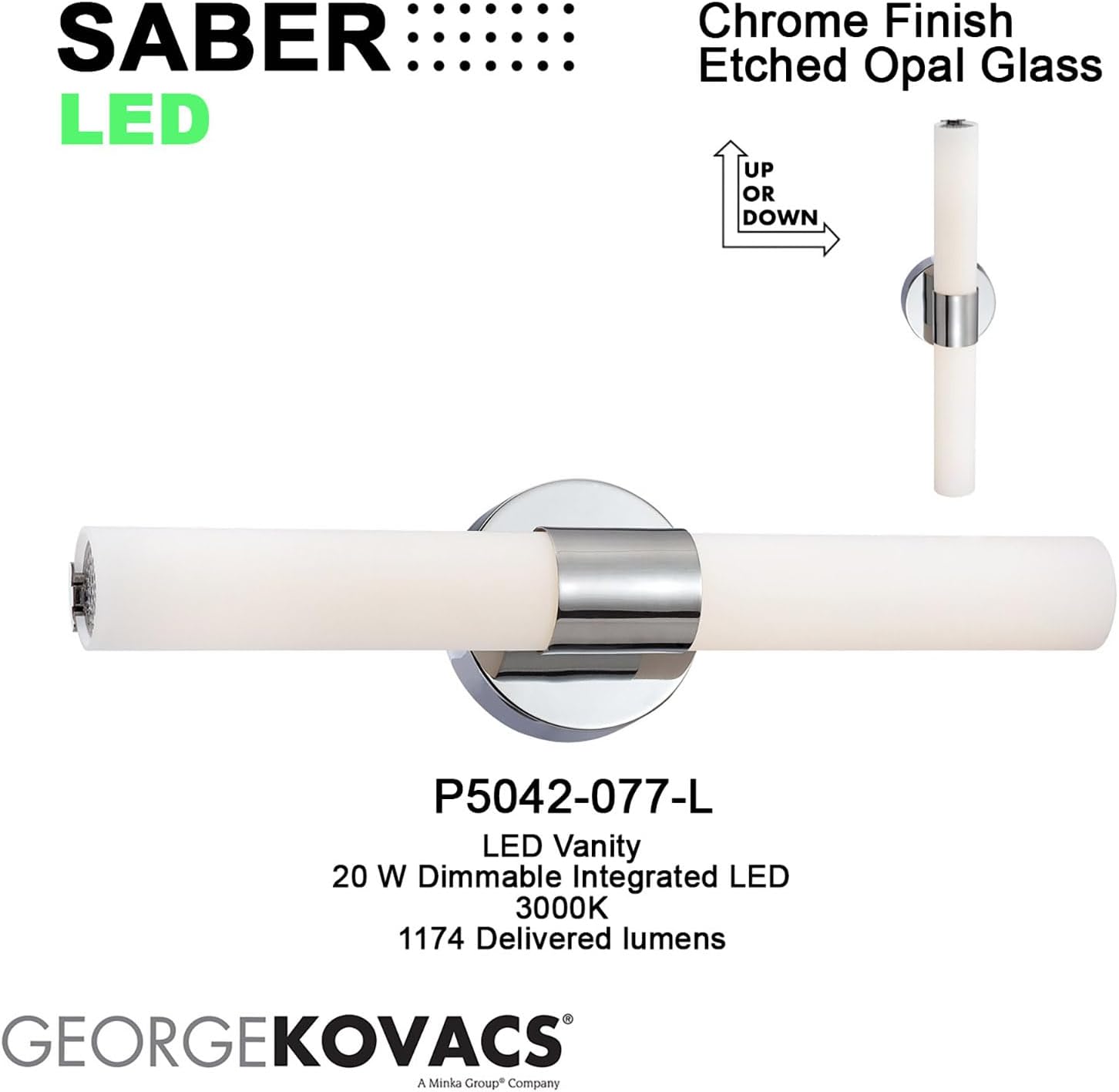 GEORGE KOVACS P5042-077-L Saber II LED Vanity Bath Light, 1-Light, 20 Total Watts, 5.25-in H x 21-in W, Chrome