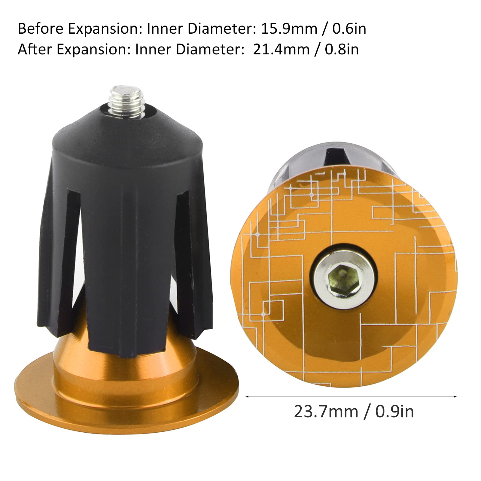 Tissting 1 Pair Bike Bar Ends Plug Aluminum Alloy Expansion Adjustable Bicycle Handlebar End Caps for 15.9?21.4mm ID Handlebars BMX MTB Road Bike(Gold)