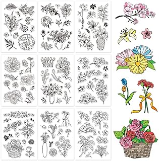 GLOBLELAND 9 Sheets Flower Theme Clear Stamps Flowers Pattern Silicone Stamp for Card Making Decoration and DIY Scrapbooking