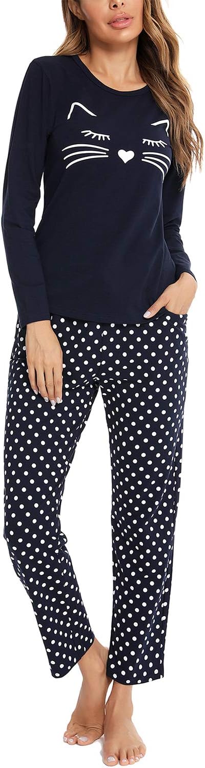 EISHOPEER Women's 2 Piece Cotton Long Sleeve Pajamas Set Cute Print Top and Pants Pjs Loungewear Sleepwear Sets