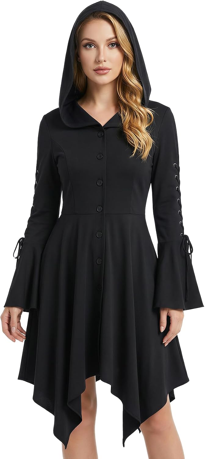 FEOYA Women's Hooded Cloak Dress Renaissance Medieval Gothic Dress Long Sleeve Hoodie Dresses Steampunk Cosplay Costume