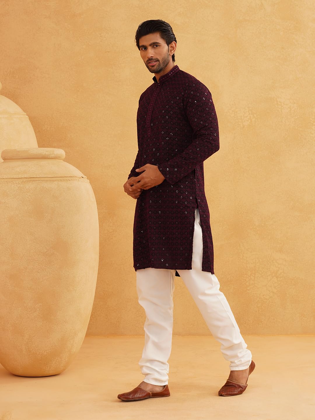 Sojanya (Since 1958 Men's Cotton Gold Embroidered Sequinned Purple Kurta With White Churidar Pyjama