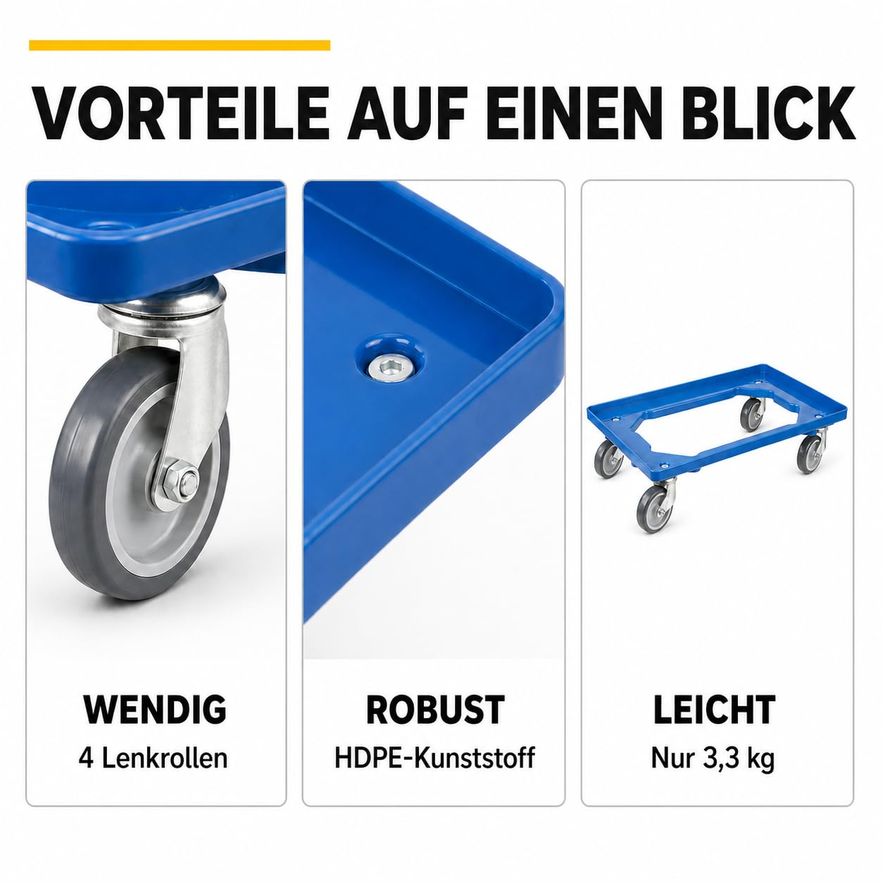 GERSO Socle Roulant Bleu pour caisses Euro 600 x 400 mm – Chariot de Transport en Plastique HDPE avec 4 Roues pivotantes Ø 100 mm – Charge maximale 300 kg