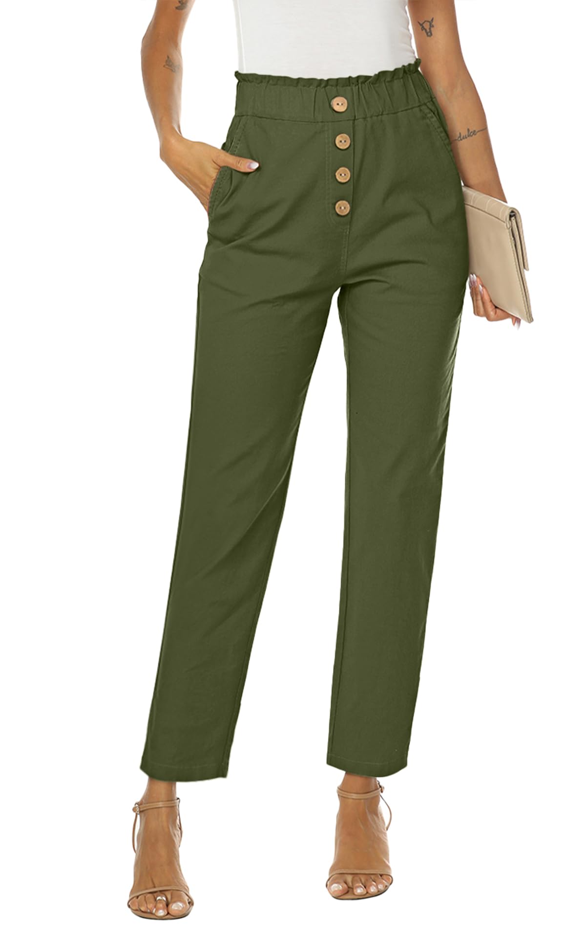 NIMIN Womens Casual Pants High Waisted Work Pants Elastic Cropped Dress Paper Bag Pants with Pockets