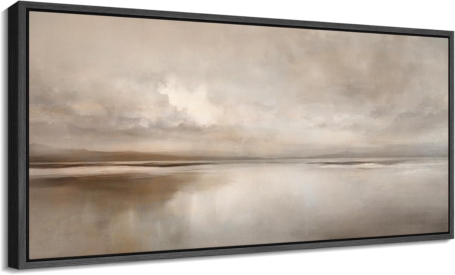 SIGNFORD Extra Large Framed Canvas Print Wall Art Calm Horizon Neutral Toned Seascape Illustrations Modern Art Calm Warm for Living Room, Bedroom, Office - 60"x30" Natural