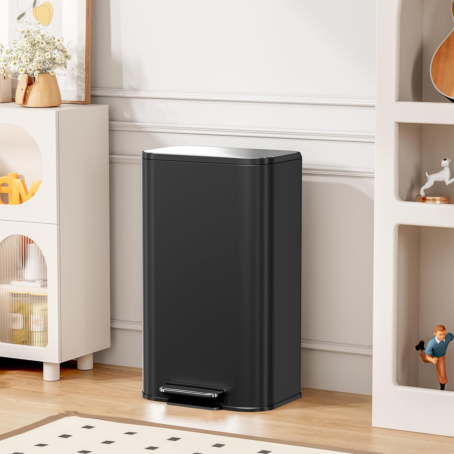 Arlopu 8 Gal/13.2 Gal Kitchen Trash Can W/Soft-Close Lid & Foot Pedal, Square Garbage Can W/Removable Inner Bucket & Handle, Stainless Step Garbage Bin, Fingerprint-Proof (Black, 8 Gal)