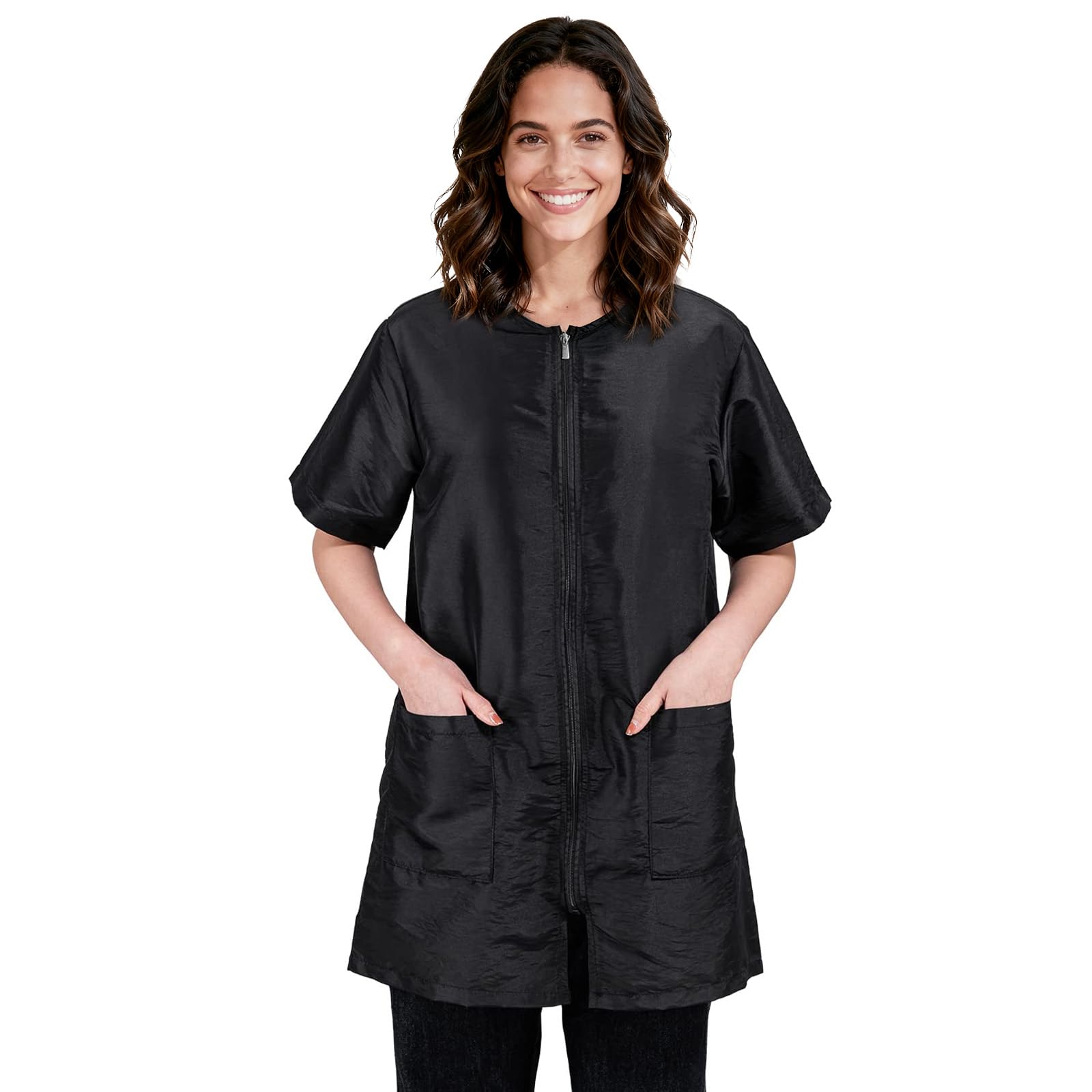 Black Pet Grooming Workwear with Long Full Zipper, XL Size, Professional Short Sleeves Pet Work Uniform Grooming Smock, Lightweight Anti-Static Jacket with Pockets for Beauty SPA Pet Shop