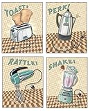 WallsThatSpeak 4 Retro Kitchen Appliance Prints Toaster Mixer Percolator Blender, 8 by 10-Inch, Beige/Blue