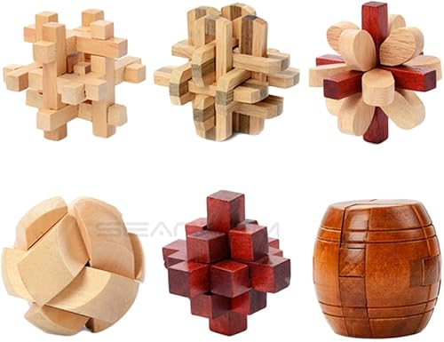 6 rompecabezas de madera para el cerebro 3D, bloques entrelazados para niños y adolescentes, juegos casurales de entrenamiento de lógica cerebral (E)