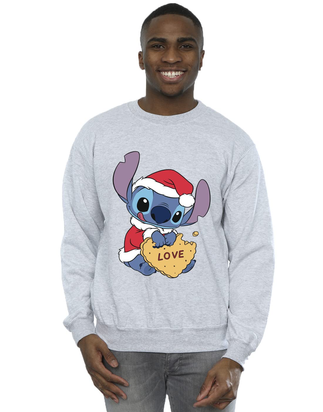 Absolute Cult Men's Sport Grey Disney Lilo And Stitch Christmas Love Biscuit Sweatshirt 3XL