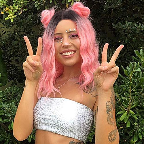 Stamped Glorious Wavy Short Wig Middle Part Shoulder Length Short Wavy Bob Wigs for Women Synthetic Natural Looking Heat Resistant Fiber Hair (Ombre Pink)