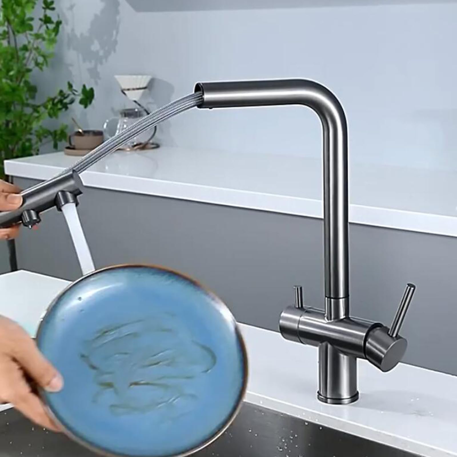 Grifo de Cocina Osmosis 3 Vias Extraíble Grifo de Cocina Acero Inoxidable 2 Mandos Grifo 3 Vias Osmosis-Oro Cepillado