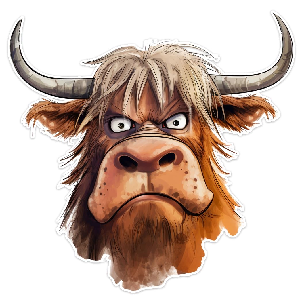 Hodge Creations Grumpy Highland Cow Pack of 4 Vinyl Decal Sticker Scrapbook Car Wall Tile Furtniture Bumper Sticker Window