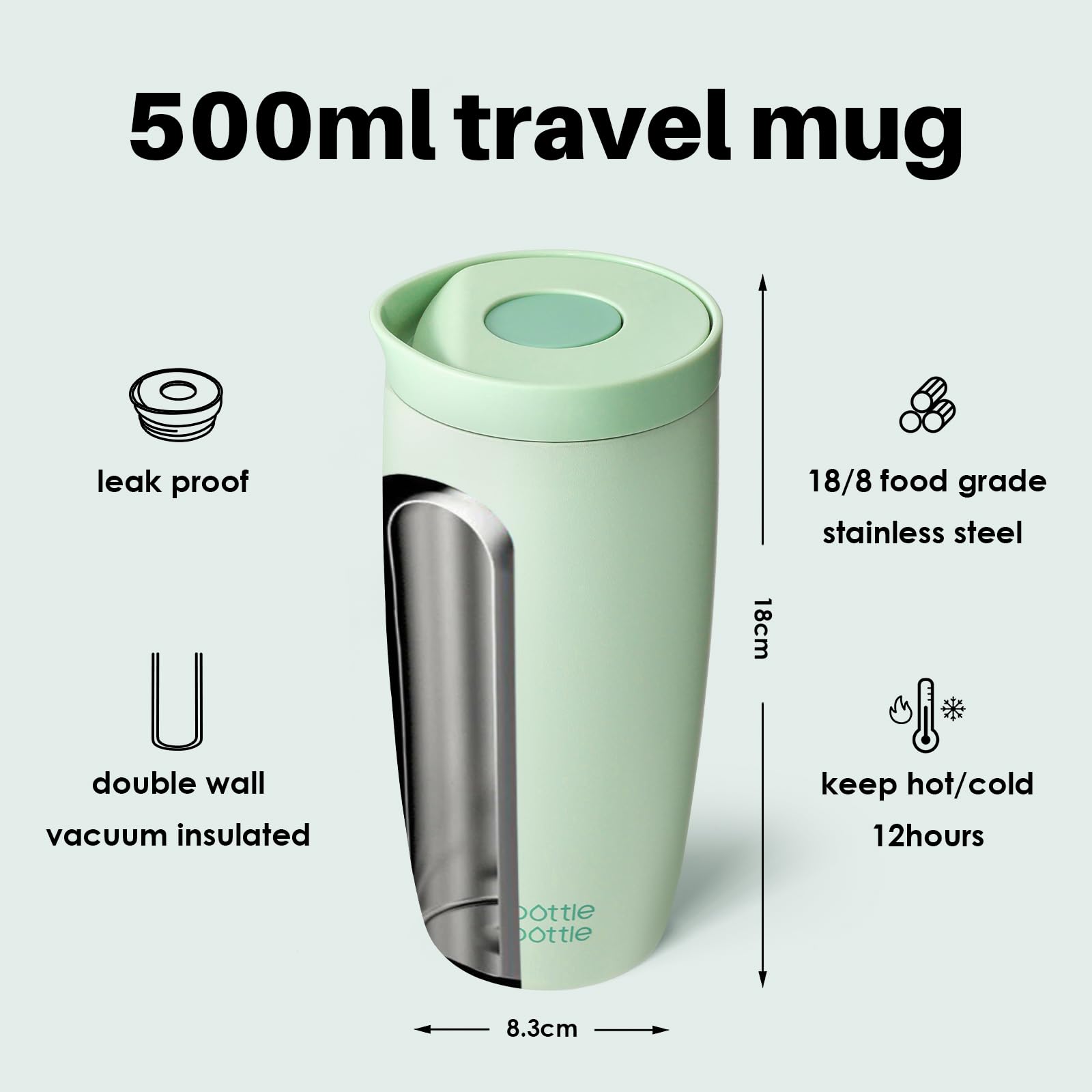 BOTTLE BOTTLE Insulated Travel Mug 500ml Stainless Steel Office Coffee Cup with Push Button Lid Keeps Cold and Hot for 8 Hours (Baby Green) - Image 3