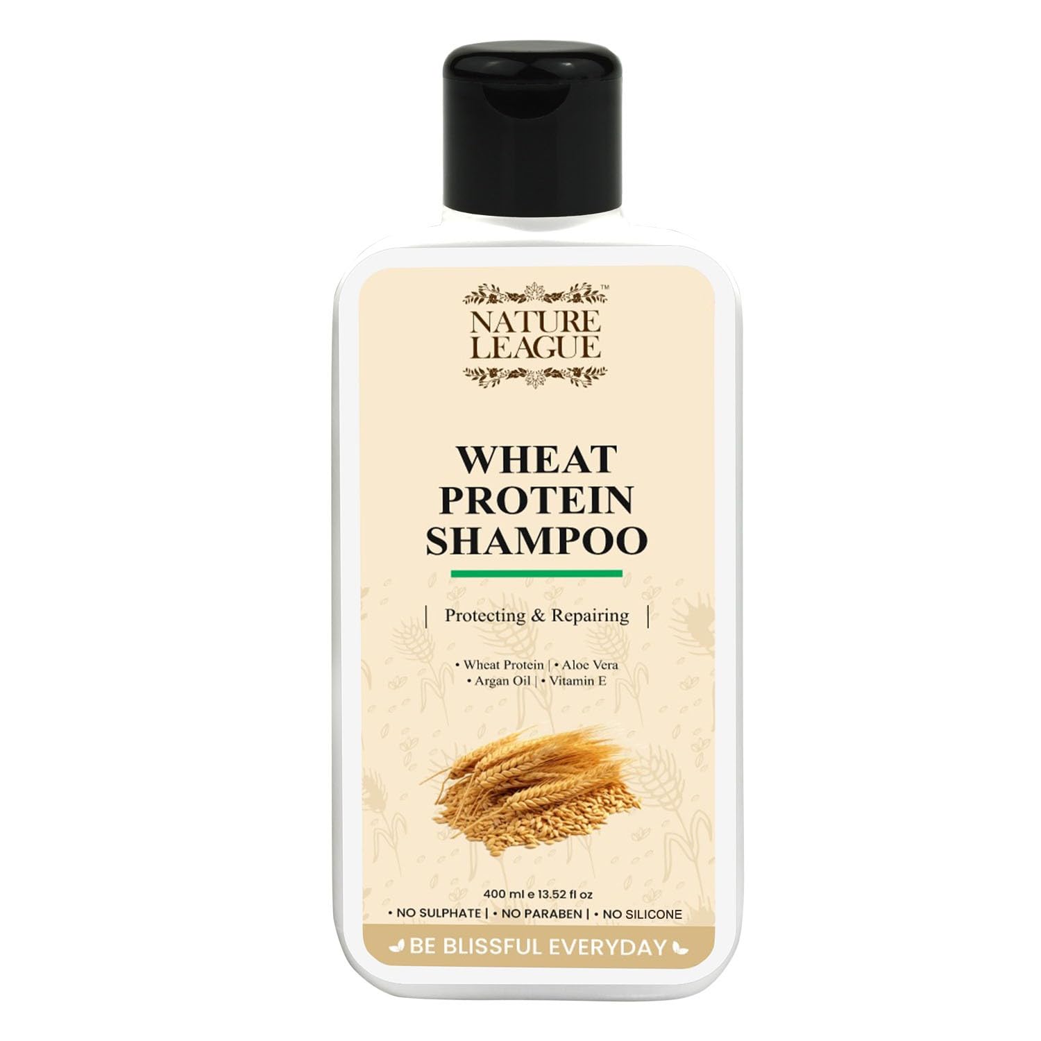 NATURE LEAGUE - Wheat Protein, Protecting & Damage Repairing Shampoo, With Argan oil, Vitamin-E, Aloevera, Sulphate & Paraben Free, 400 ml
