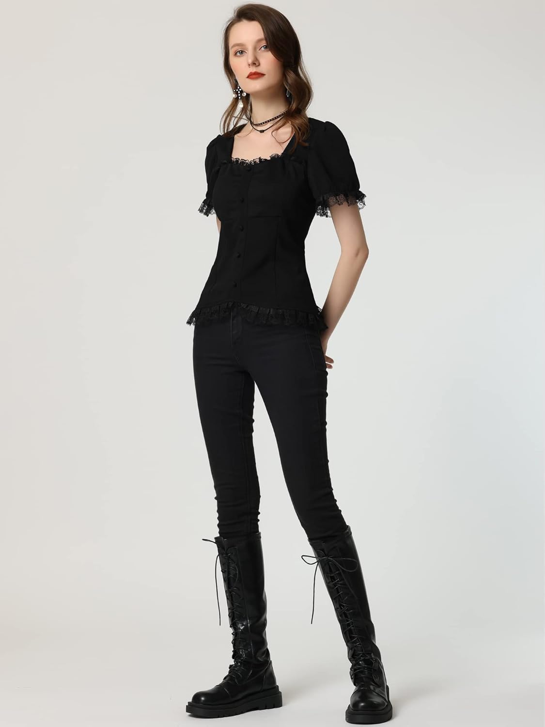 Allegra K Victorian Shirt for Women's Sweetheart Neck Puff Sleeve Halloween Lace Up Gothic Blouse - Image 3