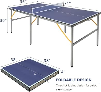 Foldable Table Tennis Table, Indoor & Outdoor Ping Pong Table, Compact Fold Away Design with Net, Posts & 2 Bats for Family Leisure & Training