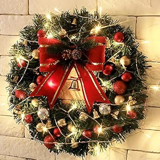 30cm Christmas Wreath with Lights Pre-lit Xmas Decorations Front Door Artificial Pine Garland for Door Table Window Wall Stairs with Bowknot Bells Balls Decor, Battery Operated