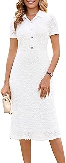 Womens 2025 Spring Summer Short Sleeve Elegant Lace Button Down Semi-Formal Work Business Casual Midi Dress - Buy now
