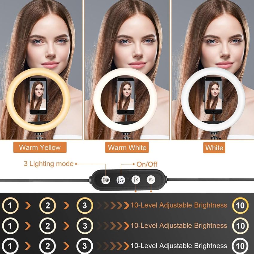 Aro de Luz con Tripode, 10" Ring Light con Control Remoto 3 Modos 10 Brillos Regulables Anillo de Luz para TikTok, Maquillaje, Selfie, Streaming, Youtube, Twich Live