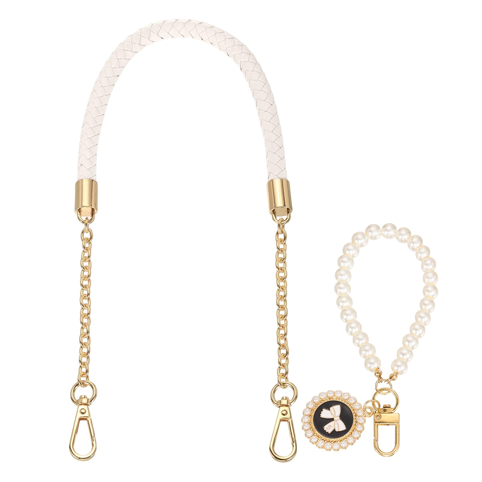 sourcing map PU Leather Chain Purse Strap, 24.4 Inch Braided Purse Handle Replacement with Pearl Pendant for Handbags Underarm Bag Tote (Cream, Light Gold Buckle)