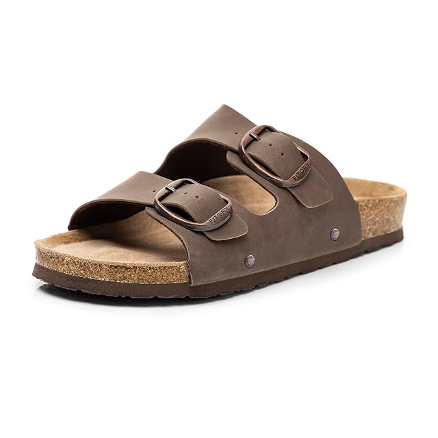 FITORY Womens Flat Sandals with Cork Footbed Open Toe Slides Adjustable Slip On Slippers for Summer Size 6-11