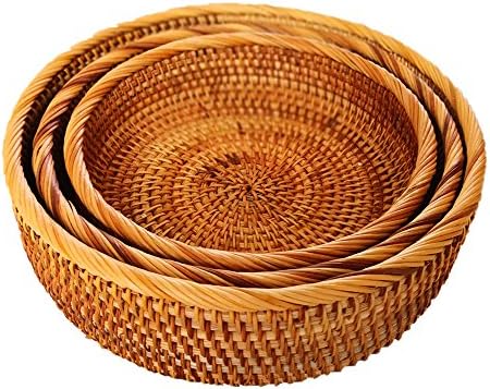 AMOLOLO 3 Pack Hadewoven Round Rattan Fruit Basket Wicker Food Tray Weaving Storage Holder Dinning Room Bowl, 10 Inch Small Wicker Basket Serving Tray Woven Basket for Bread, Snack, Brown(3-Size Kit)