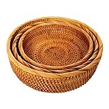AMOLOLO 3 Pack Hadewoven Round Rattan Fruit Basket Wicker Food Tray Weaving Storage Holder Dinning R